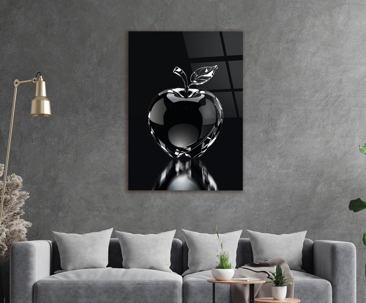 Crystal Apple on Black Glass Wall Art in a living room interior