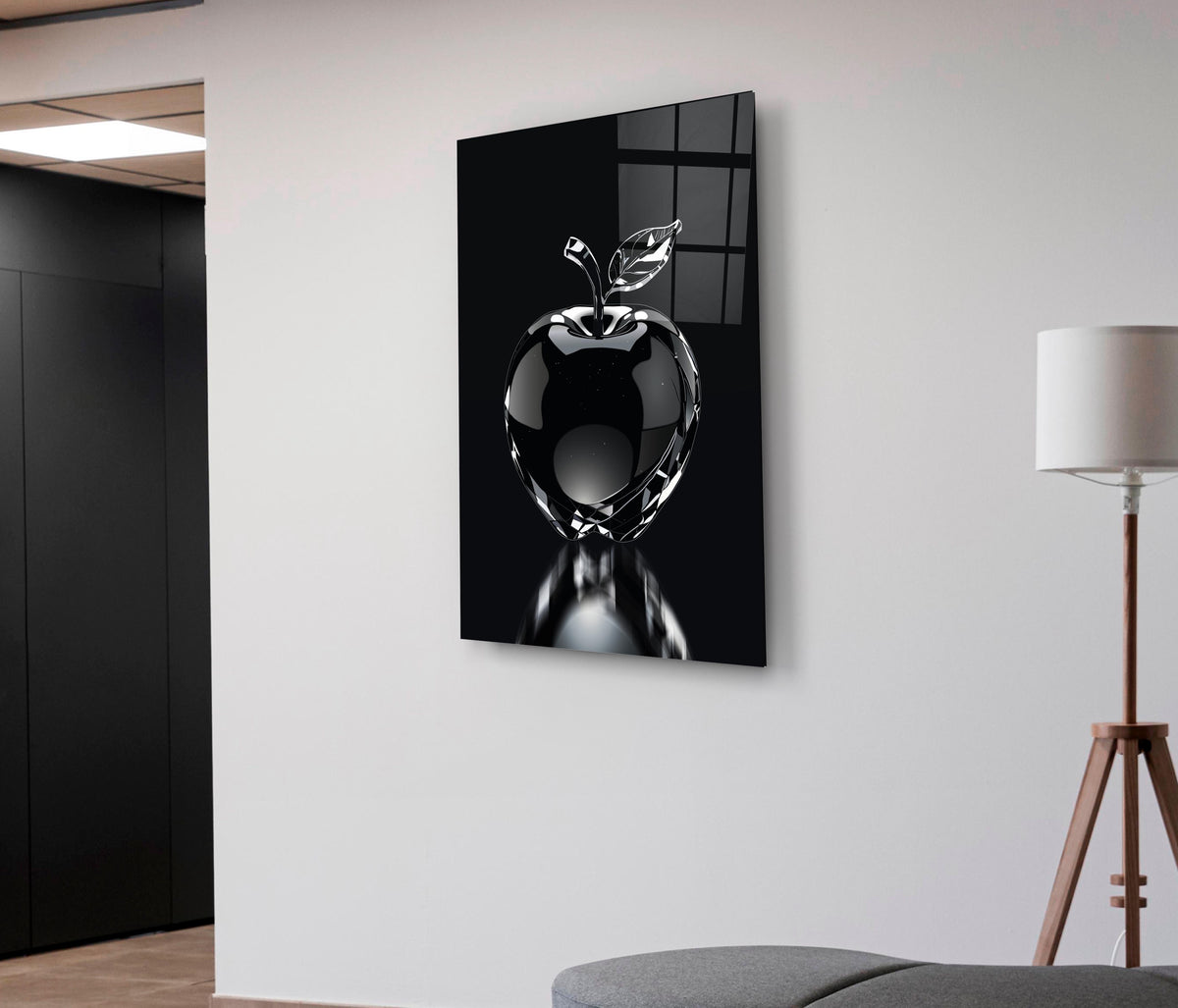 Crystal Apple on Black Glass Wall Art in a modern interior