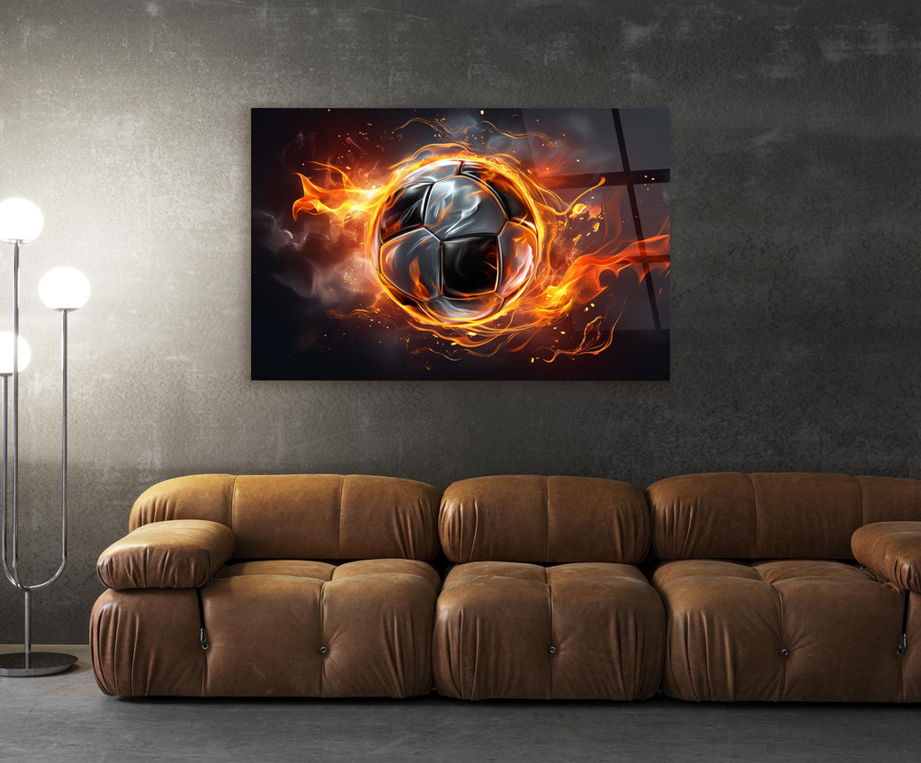 Flaming Soccer Ball Glass Wall Art in a living room interior