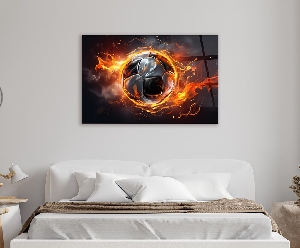 Flaming Soccer Ball Glass Wall Art in a modern interior