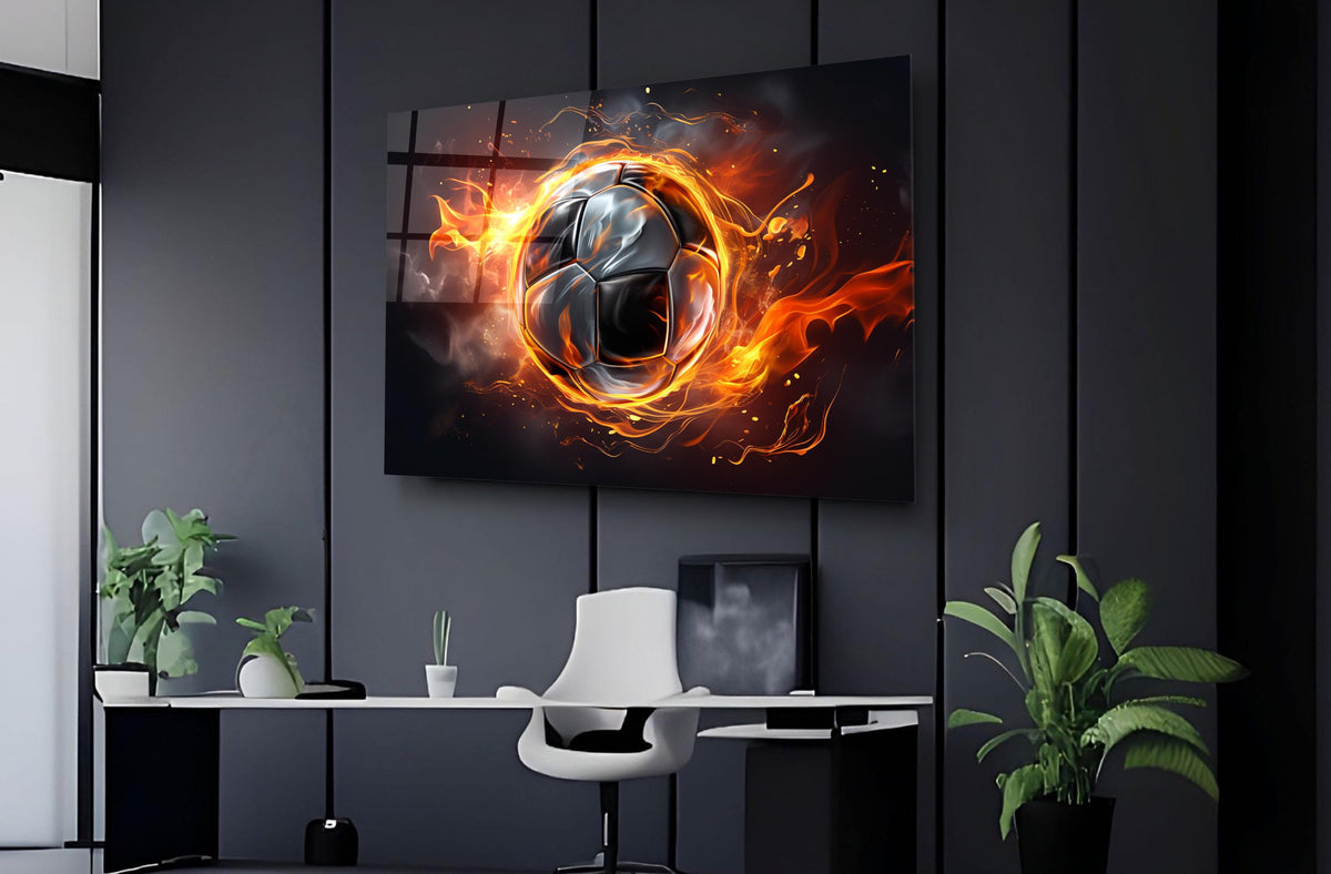 Flaming Soccer Ball Glass Wall Art on the wall