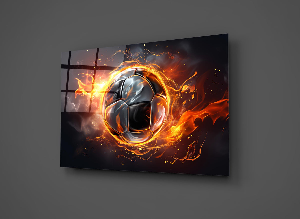 Flaming Soccer Ball Glass Wall Art close-up