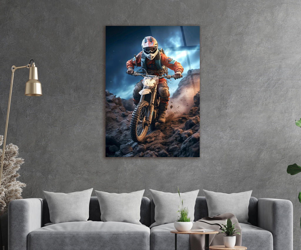 Motocross Rider on Rocky Trail Glass Wall Art in a living room interior