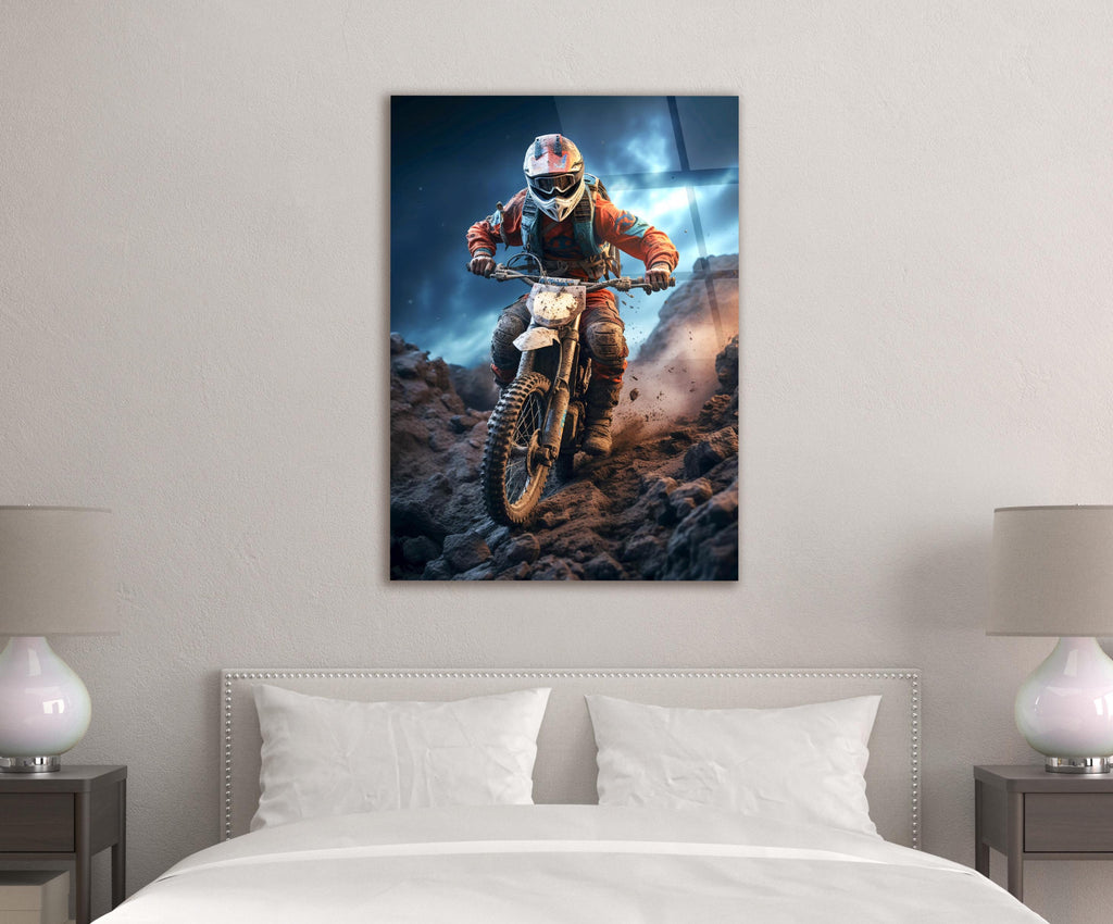 Motocross Rider on Rocky Trail Glass Wall Art in a modern interior