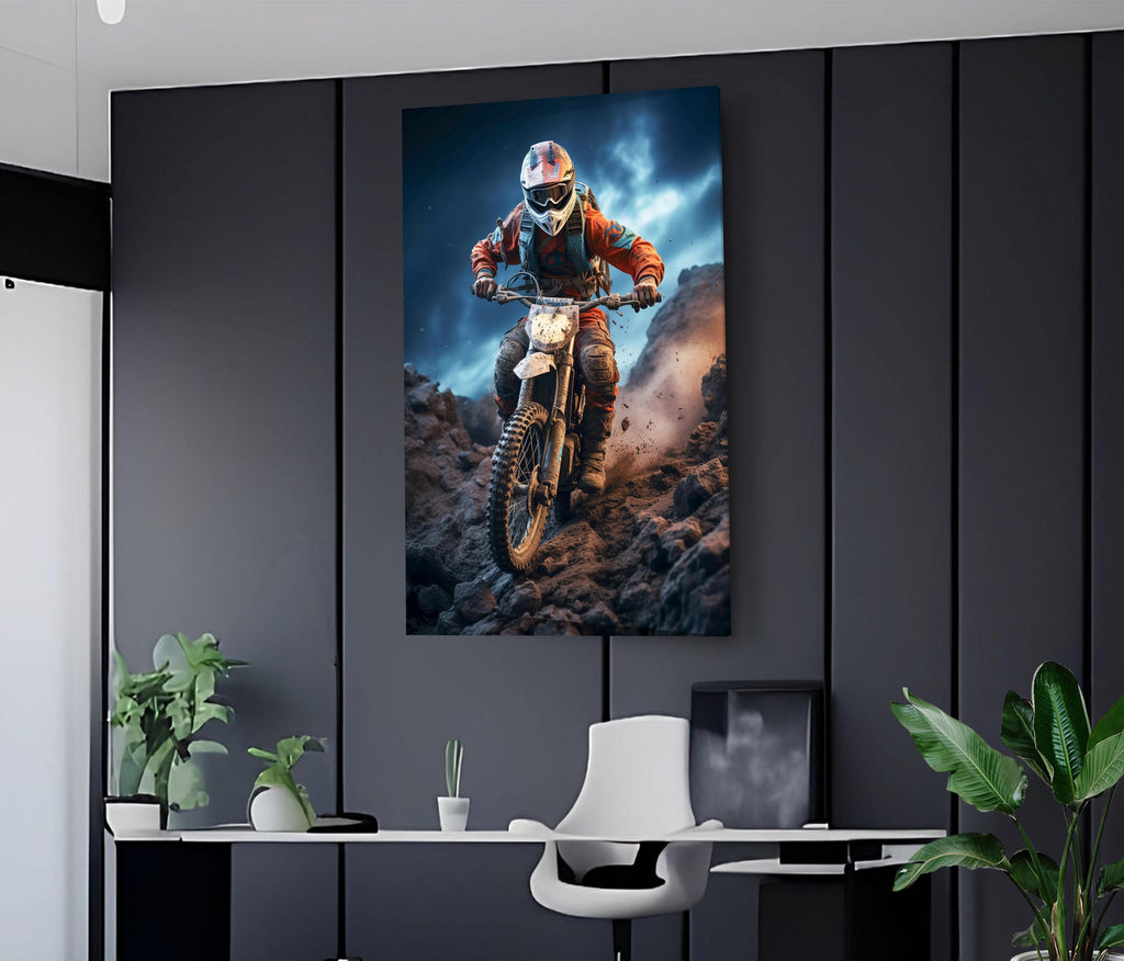 Motocross Rider on Rocky Trail Glass Wall Art on the wall