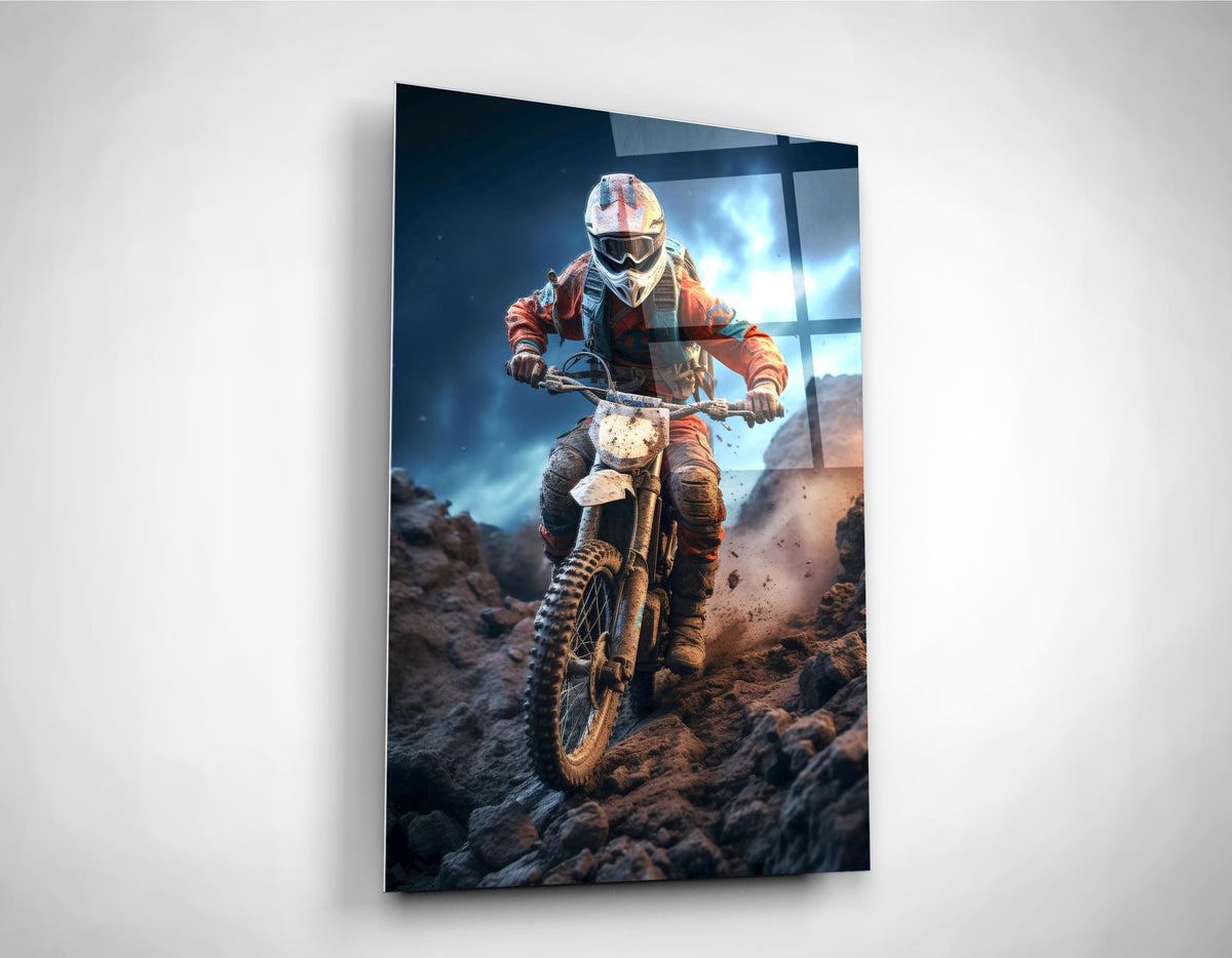 Motocross Rider on Rocky Trail Glass Wall Art close-up