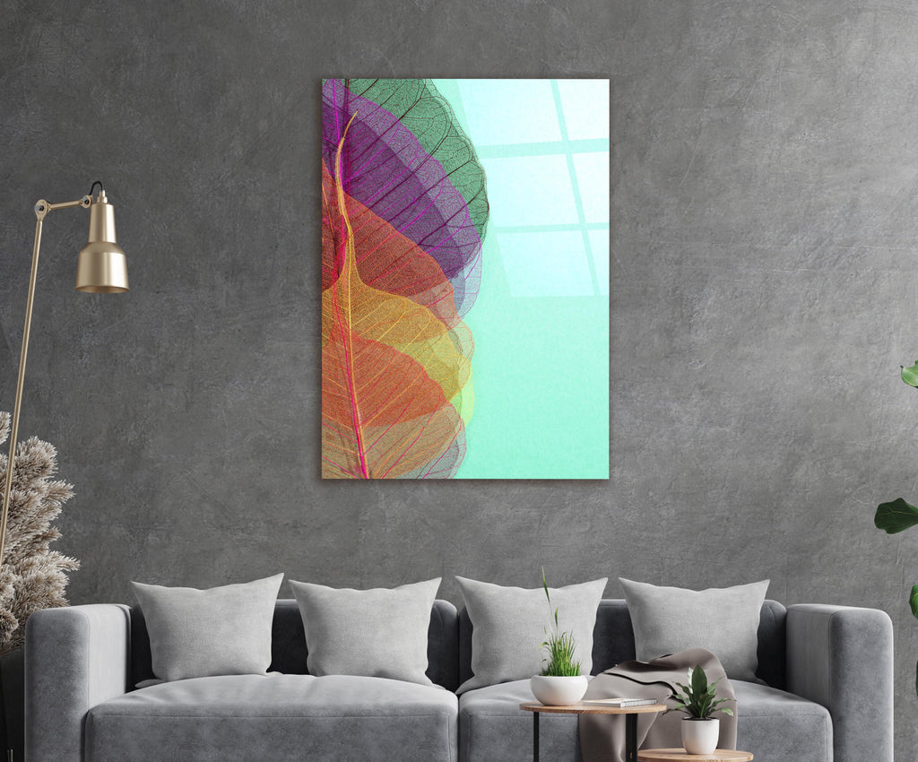 Rainbow Leaf Veins Glass Wall Art in a living room interior