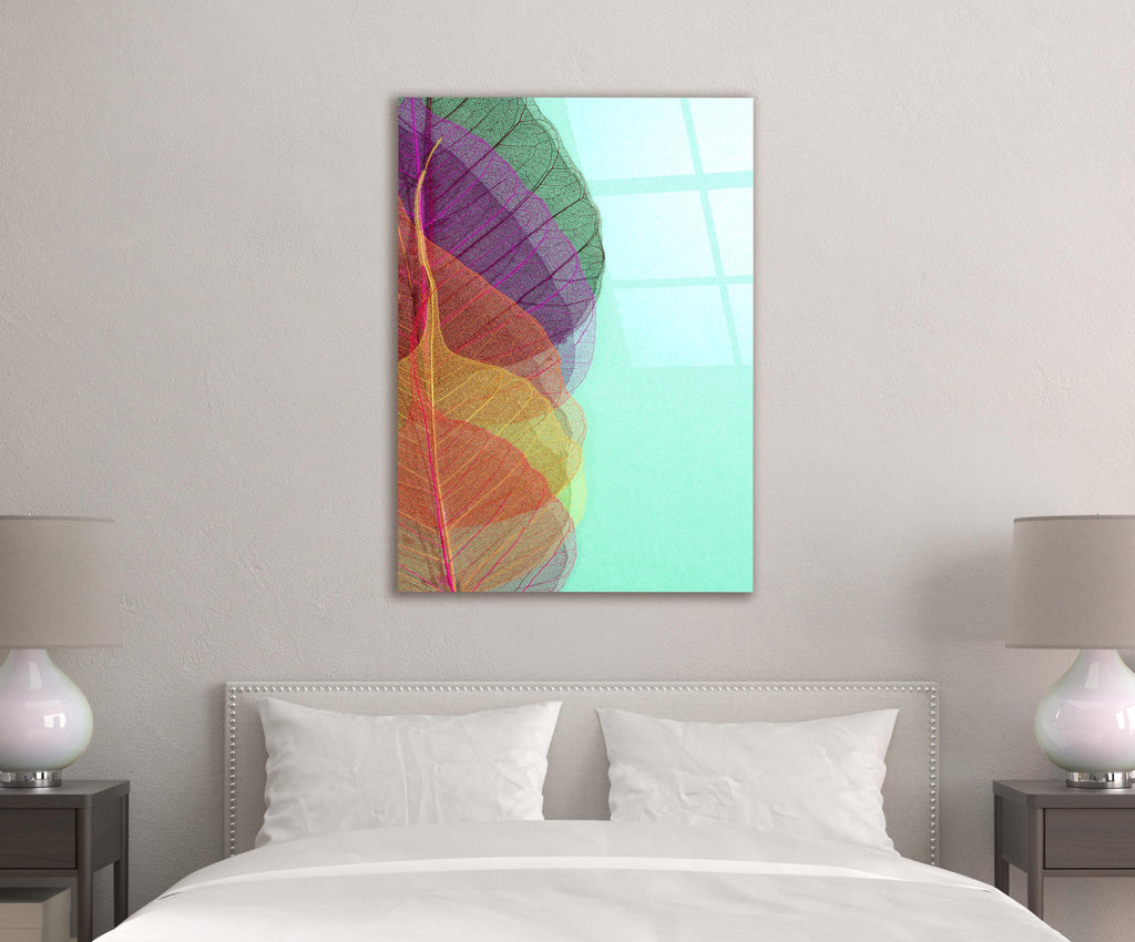 Rainbow Leaf Veins Glass Wall Art in a modern interior
