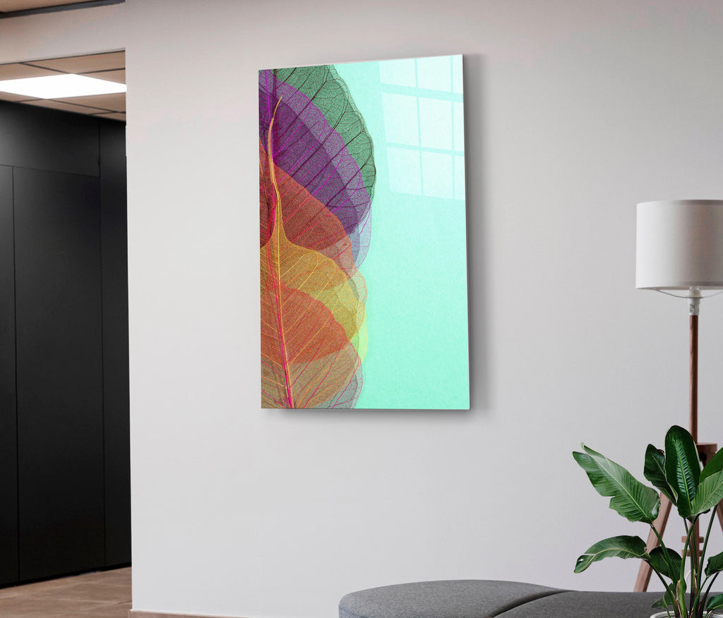 Rainbow Leaf Veins Glass Wall Art on the wall