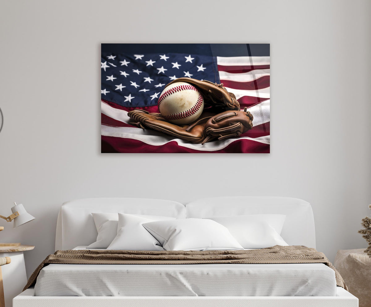Baseball Glove on American Flag Glass Wall Art in a modern interior