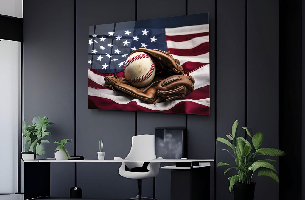 Baseball Glove on American Flag Glass Wall Art on the wall