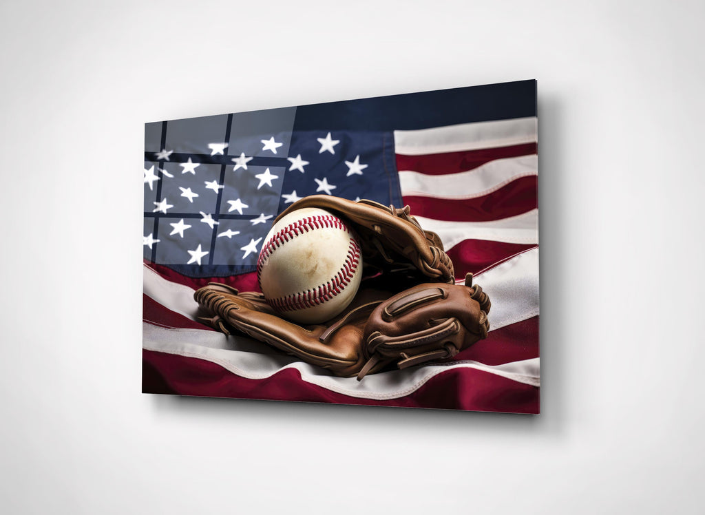 Baseball Glove on American Flag Glass Wall Art close-up