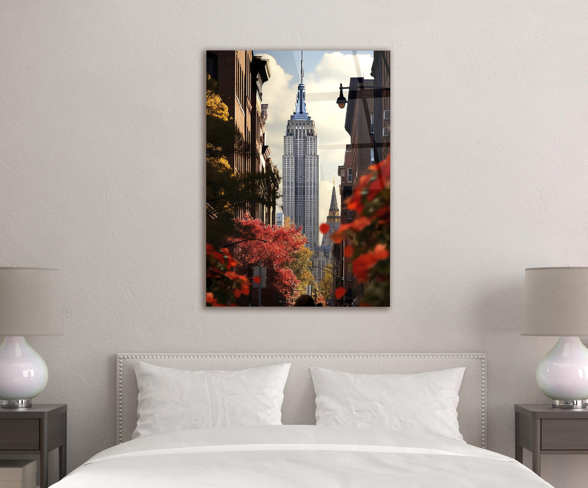 New York Skyscraper Autumn Street Glass Wall Art in a living room interior