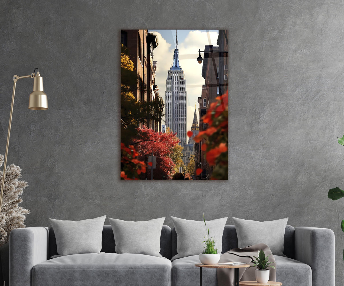 New York Skyscraper Autumn Street Glass Wall Art in a modern interior