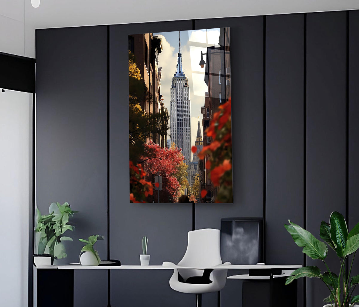 New York Skyscraper Autumn Street Glass Wall Art on the wall