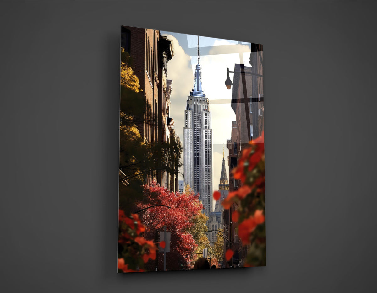 New York Skyscraper Autumn Street Glass Wall Art close-up