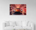 Orange Supercar Neon Tunnel Glass Wall Art in a living room interior