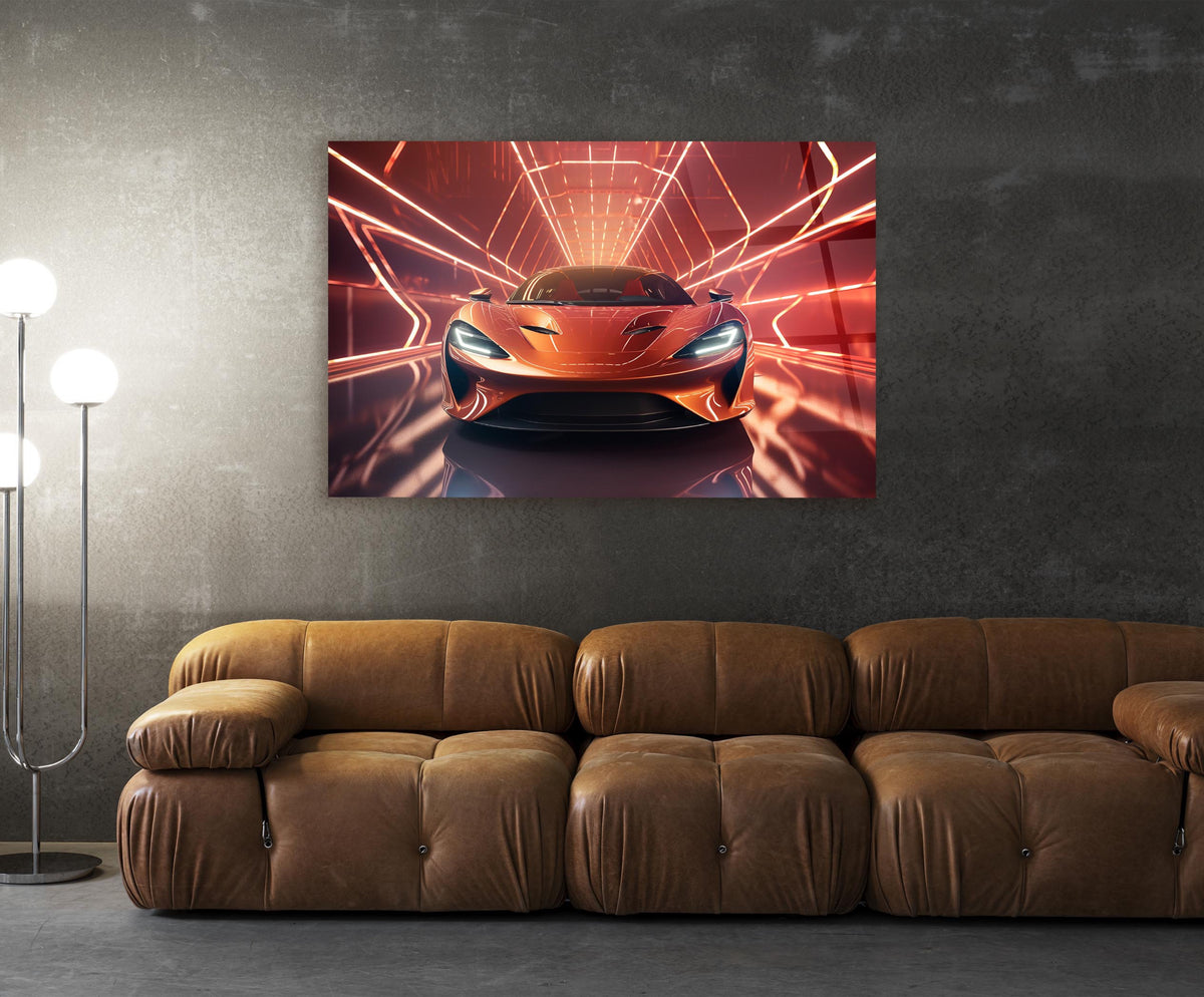Orange Supercar Neon Tunnel Glass Wall Art in a modern interior