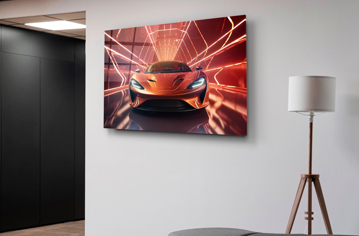 Orange Supercar Neon Tunnel Glass Wall Art on the wall