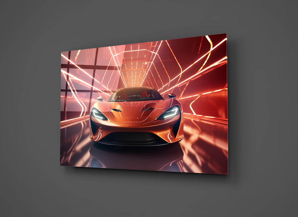Orange Supercar Neon Tunnel Glass Wall Art close-up