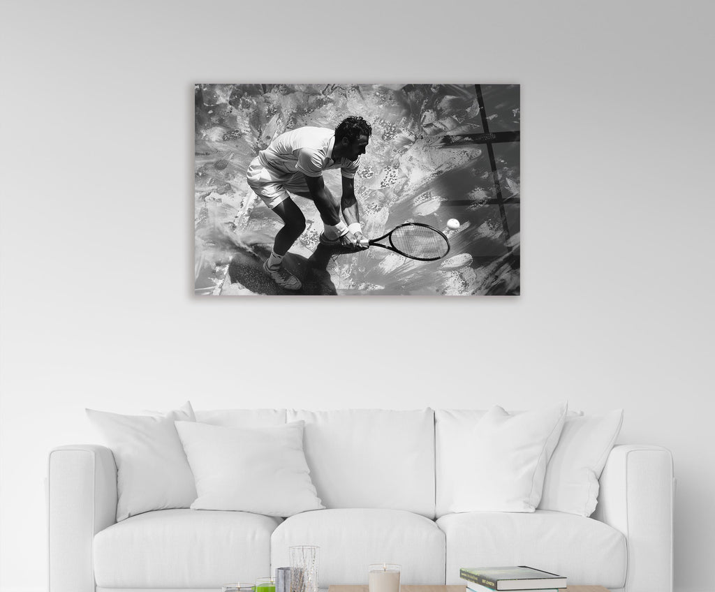 Black and White Tennis Player Glass Wall Art in a living room interior