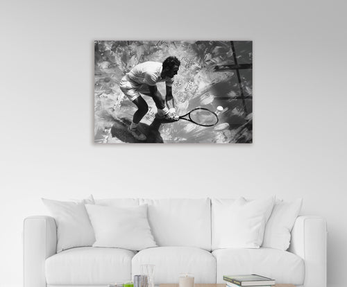 Black and White Tennis Player Glass Wall Art in a living room interior