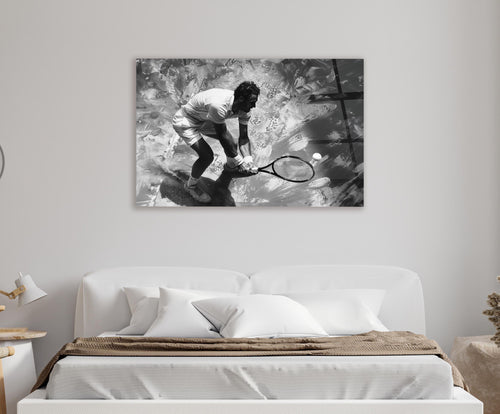 Black and White Tennis Player Glass Wall Art in a modern interior