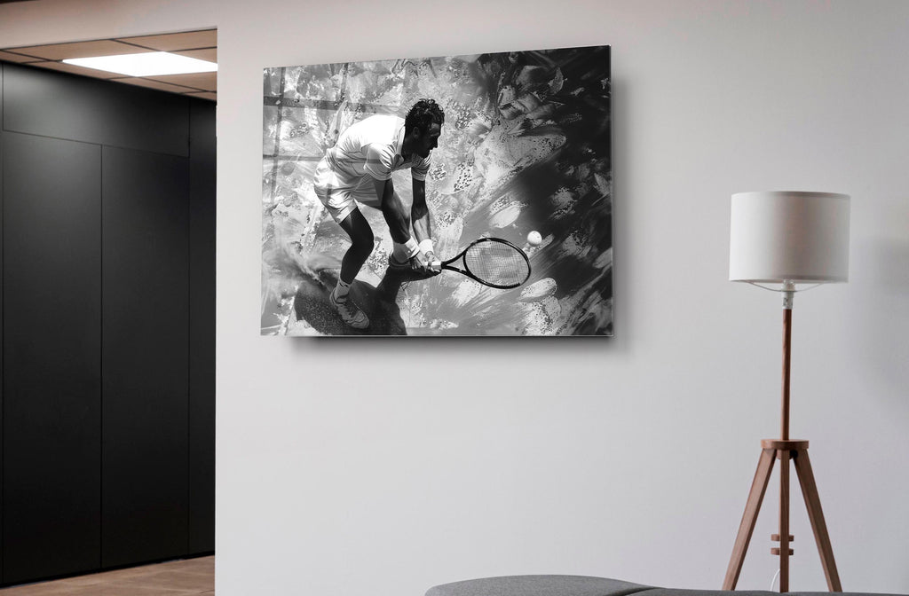Black and White Tennis Player Glass Wall Art on the wall