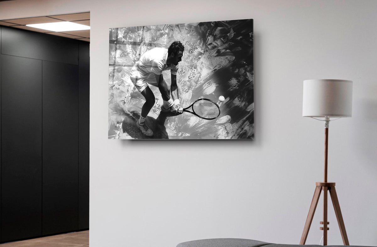 Black and White Tennis Player Glass Wall Art on the wall