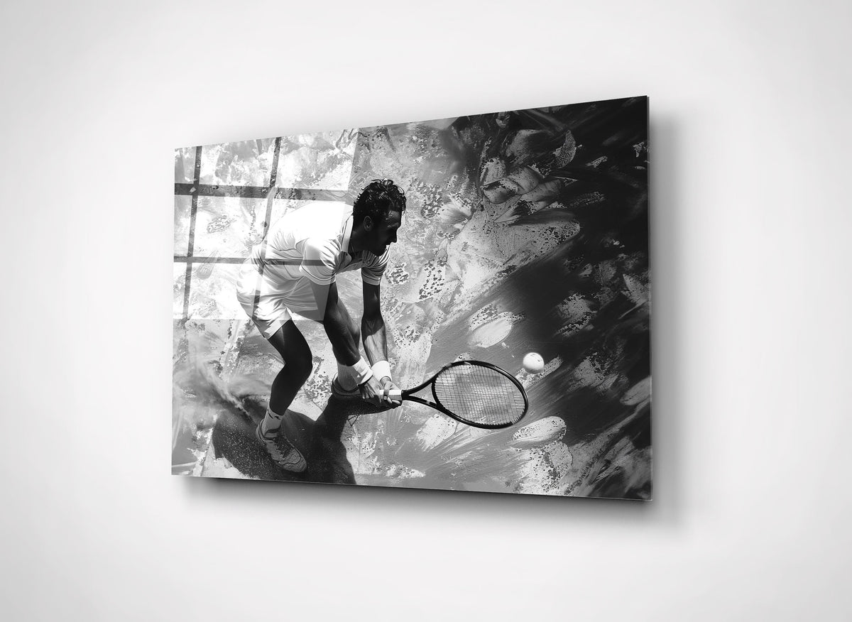 Black and White Tennis Player Glass Wall Art close-up