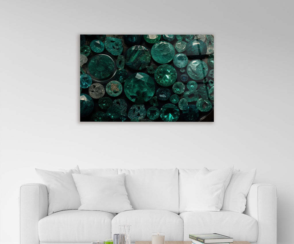 Emerald Gemstones Glass Wall Art in a living room interior