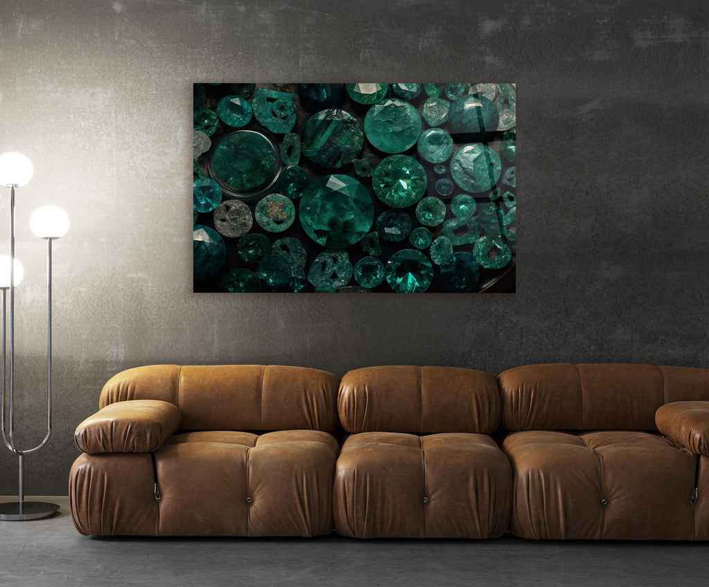 Emerald Gemstones Glass Wall Art in a modern interior