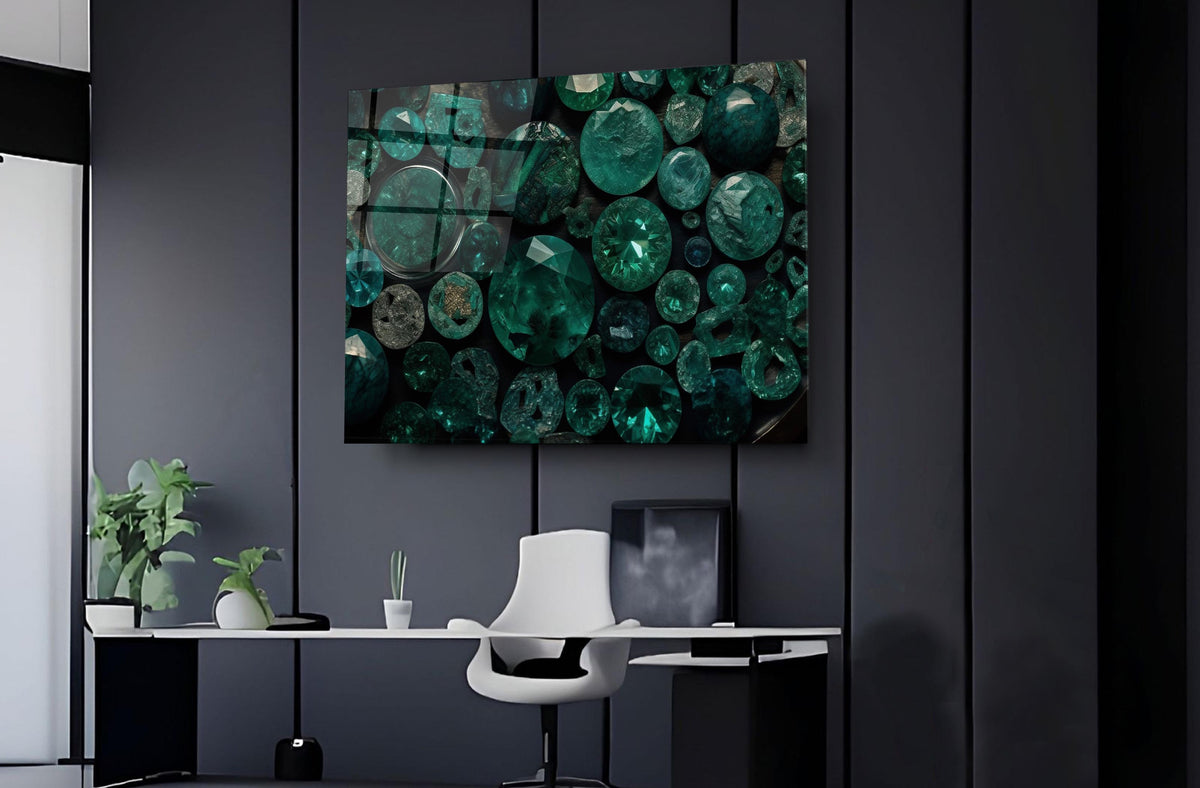 Emerald Gemstones Glass Wall Art on the wall