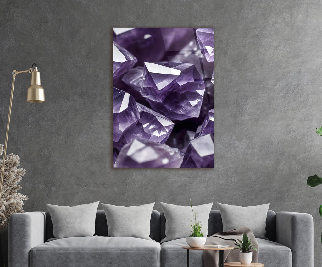 Amethyst Crystal Close-Up Glass Wall Art in a living room interior