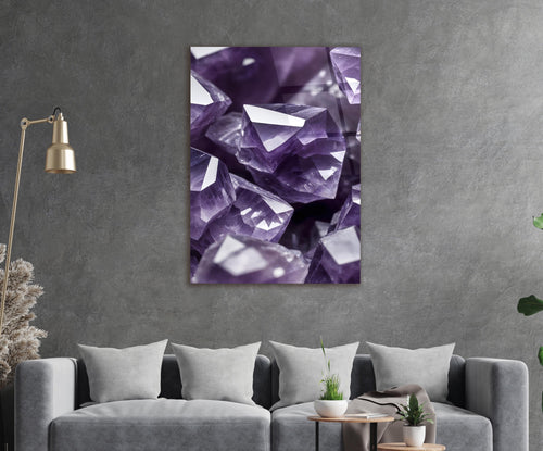 Amethyst Crystal Close-Up Glass Wall Art in a living room interior