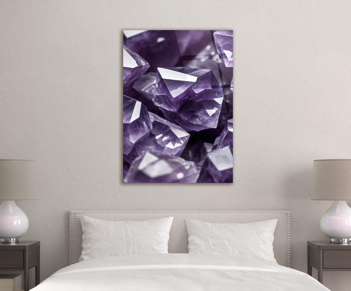 Amethyst Crystal Close-Up Glass Wall Art in a modern interior