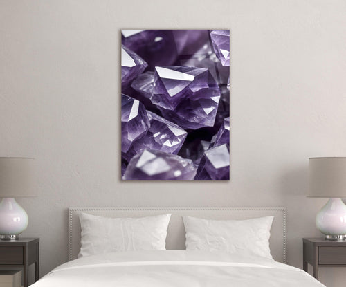 Amethyst Crystal Close-Up Glass Wall Art in a modern interior