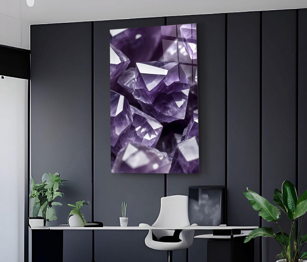 Amethyst Crystal Close-Up Glass Wall Art on the wall