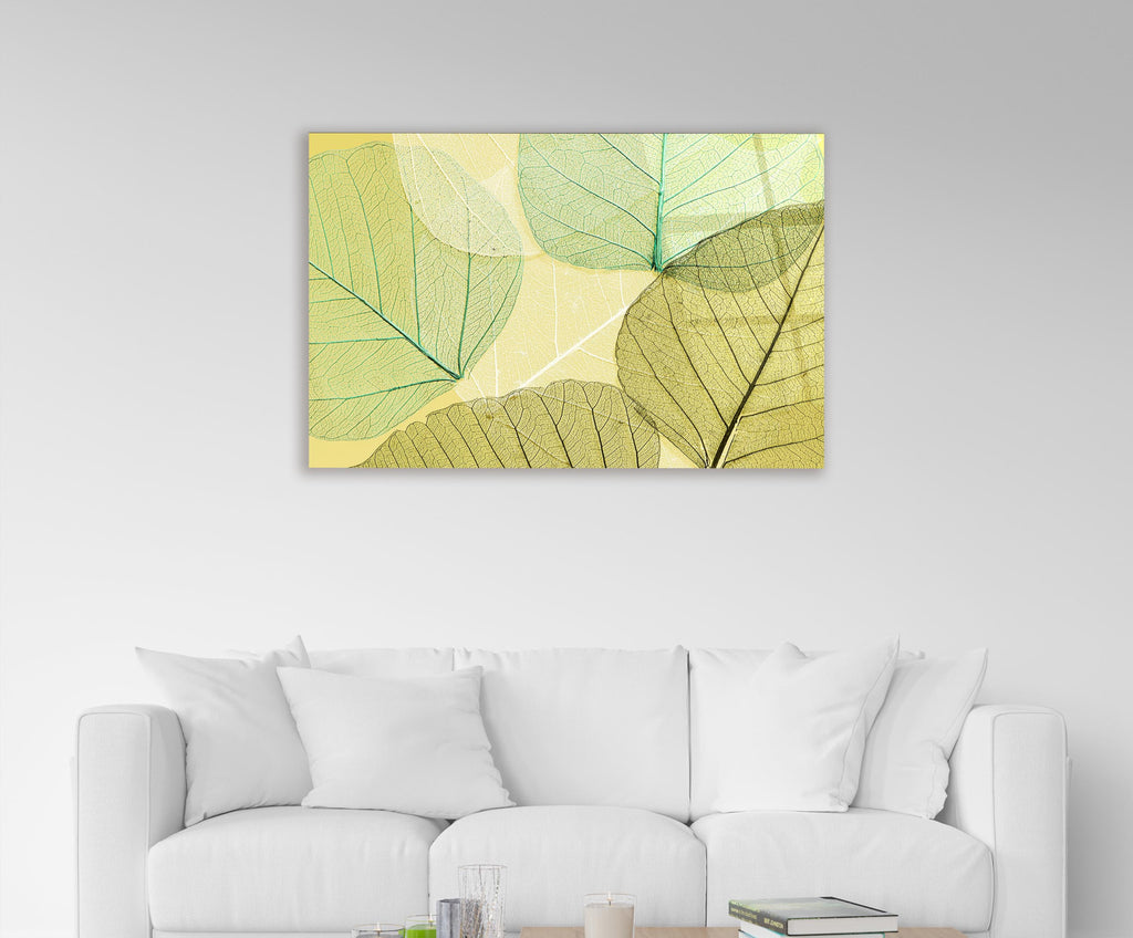 Green Skeleton Leaves Glass Wall Art in a living room interior