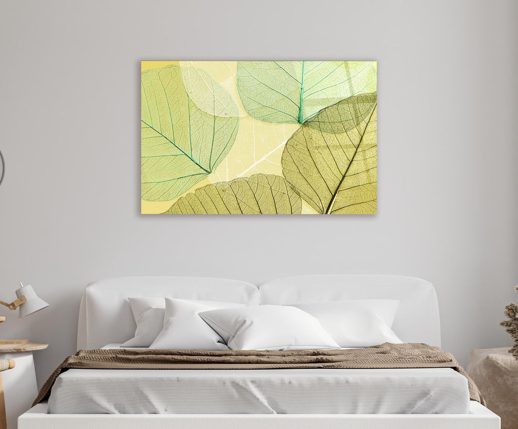 Green Skeleton Leaves Glass Wall Art in a modern interior