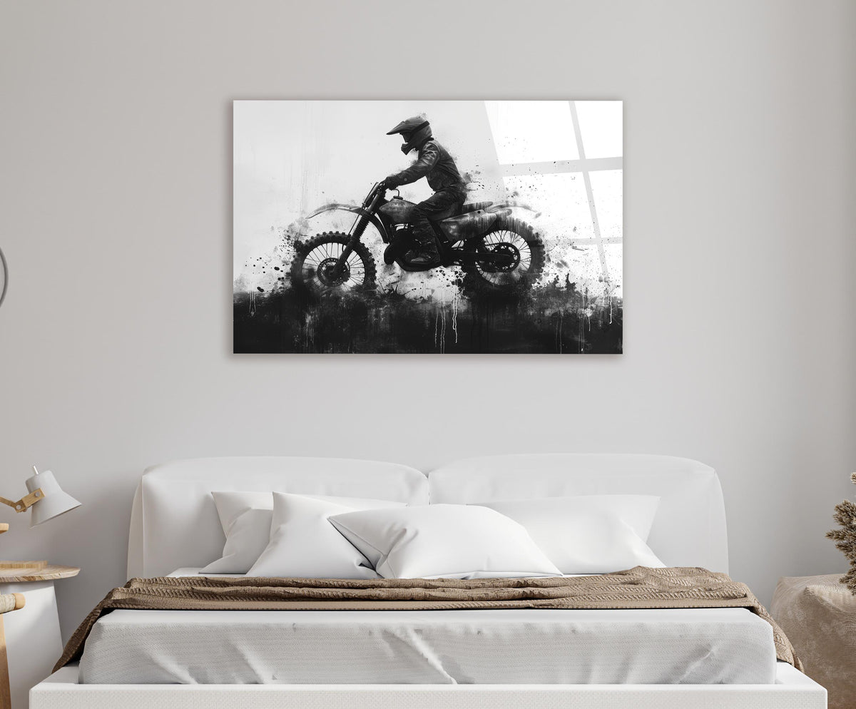 Motocross Rider Ink Splash Glass Wall Art in a living room interior