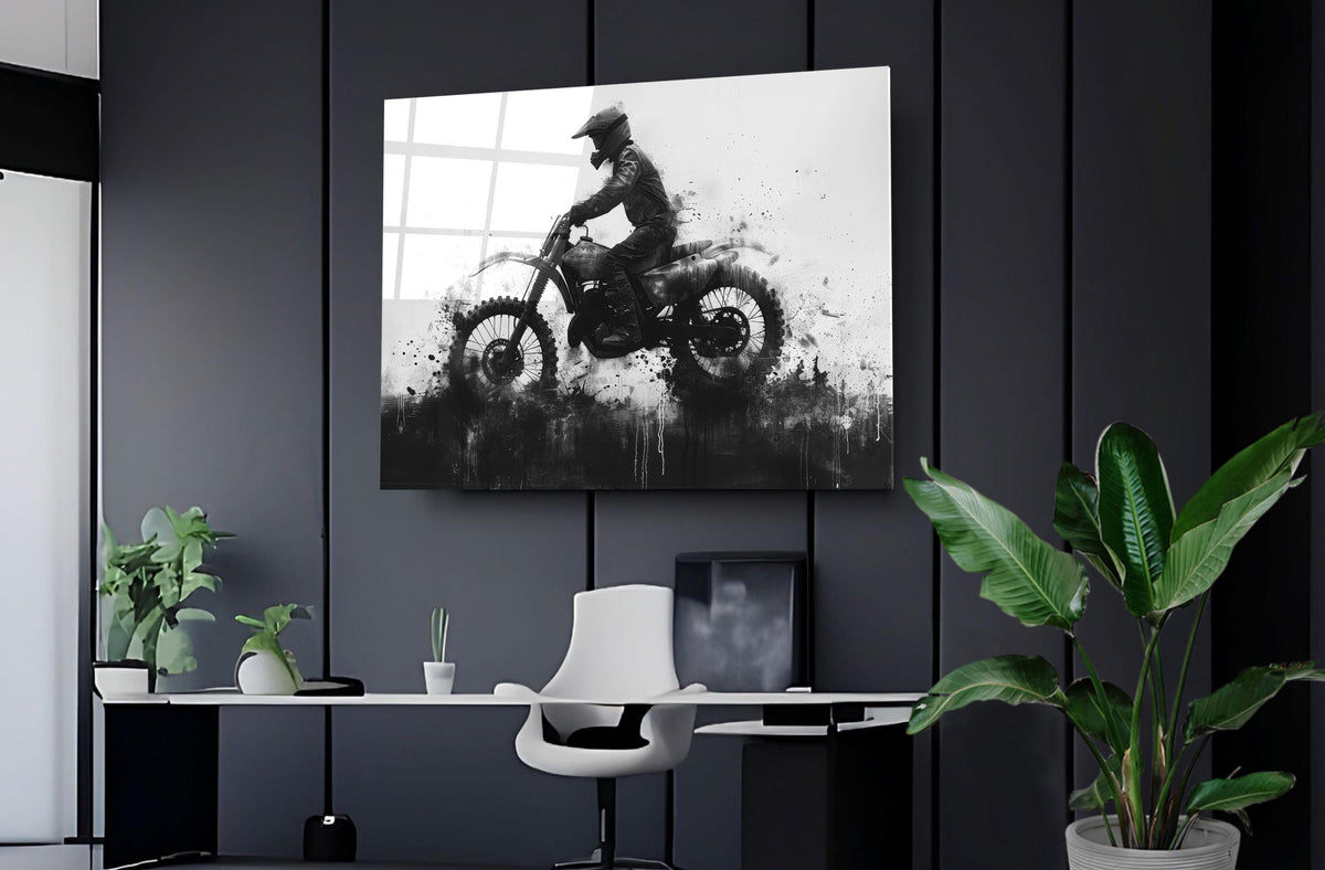 Motocross Rider Ink Splash Glass Wall Art in a modern interior
