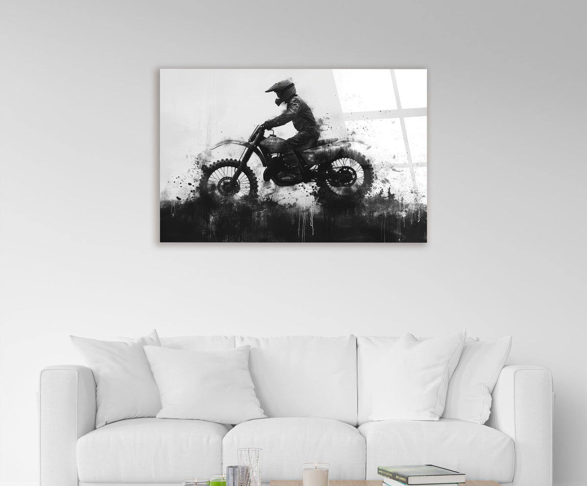 Motocross Rider Ink Splash Glass Wall Art on the wall