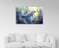 Watercolor Dolphin Underwater Glass Wall Art in a living room interior