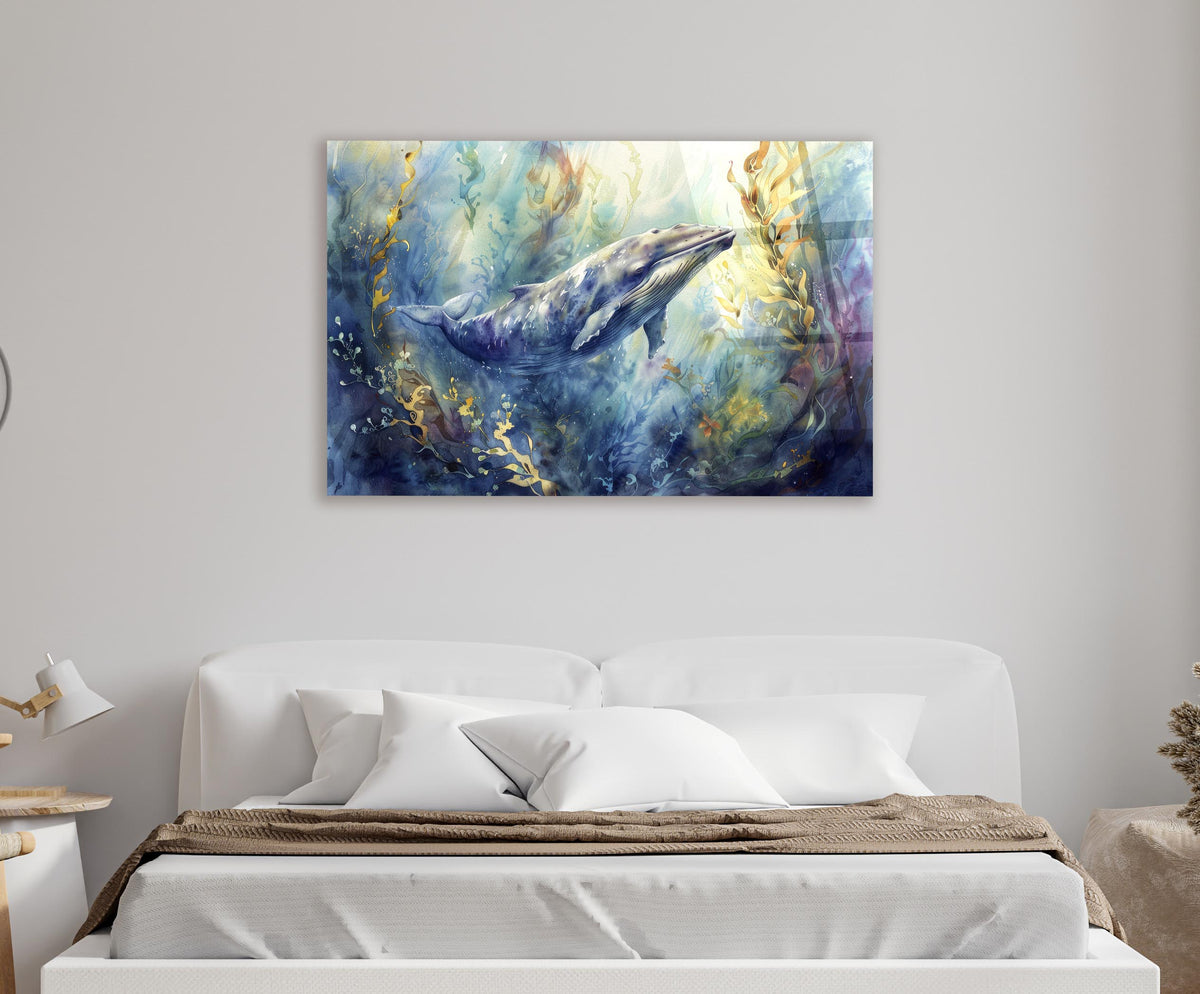 Watercolor Dolphin Underwater Glass Wall Art in a modern interior