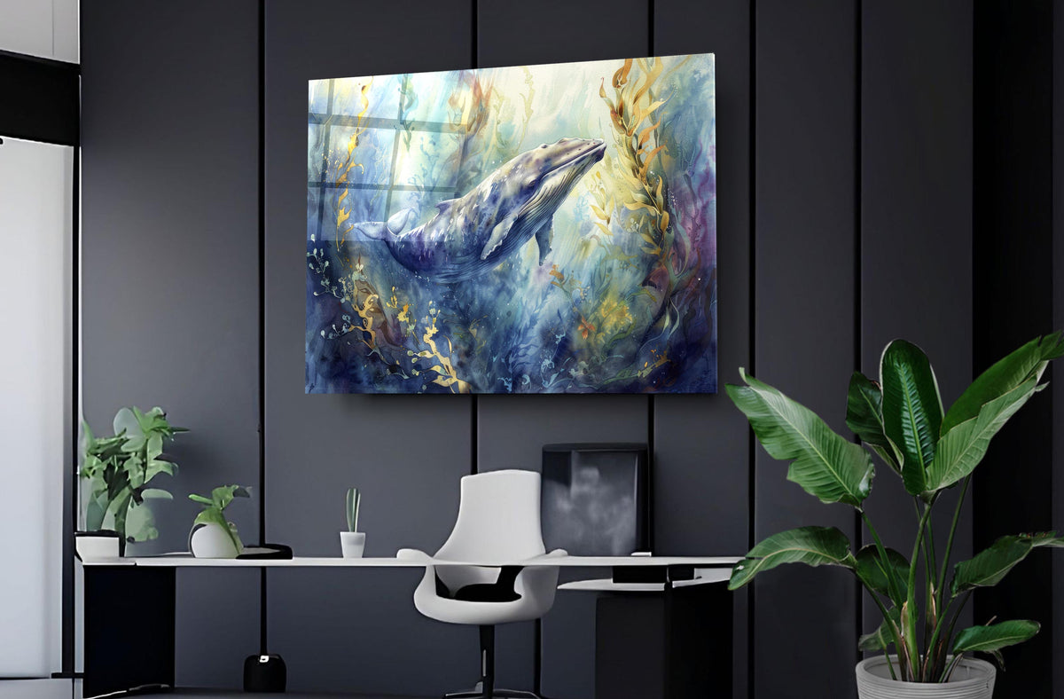 Watercolor Dolphin Underwater Glass Wall Art on the wall