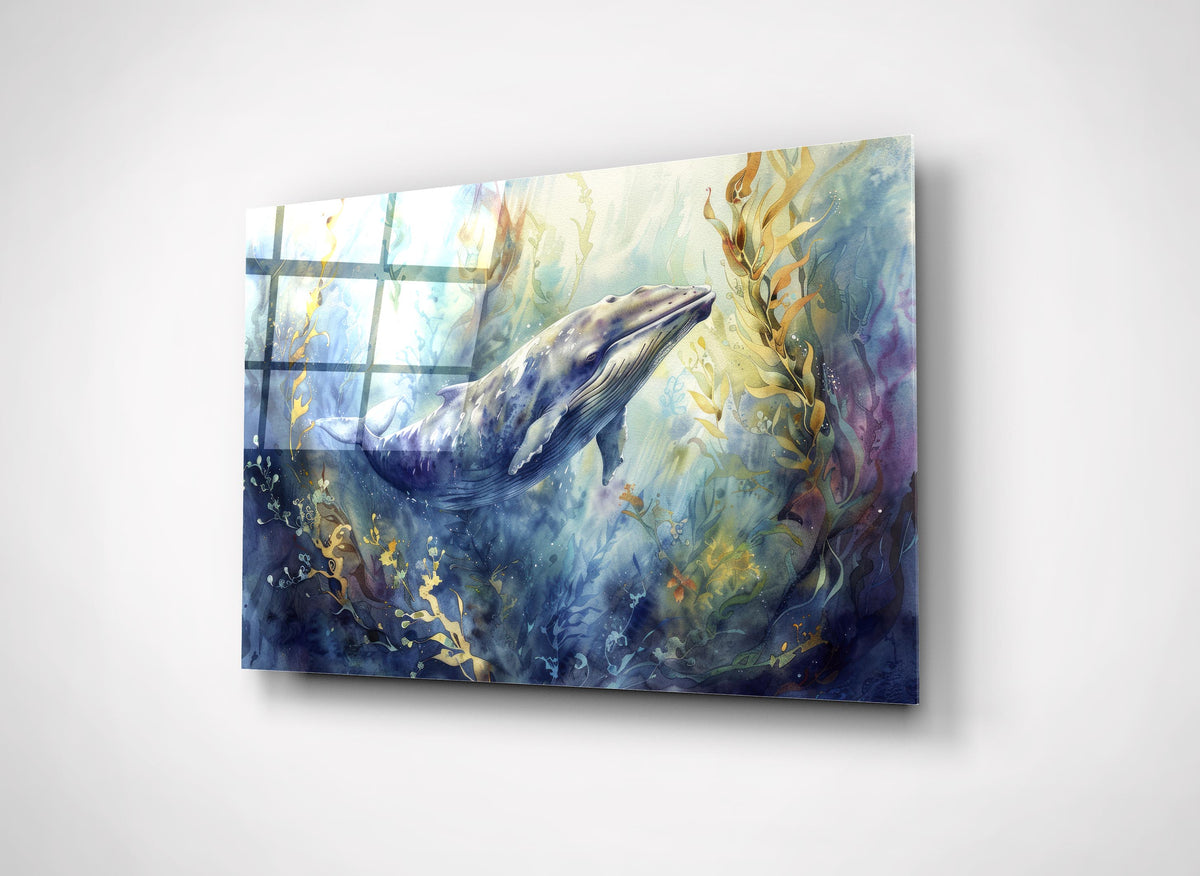 Watercolor Dolphin Underwater Glass Wall Art close-up