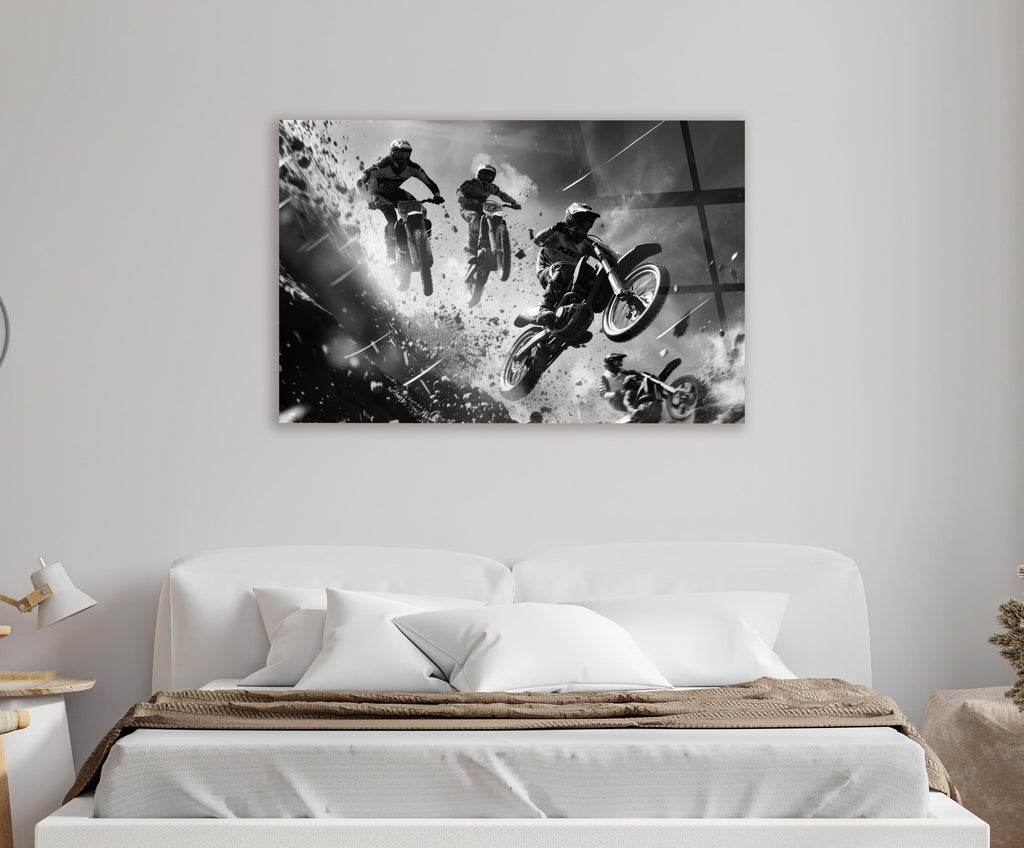 Black and White Motocross Jump Glass Wall Art in a living room interior