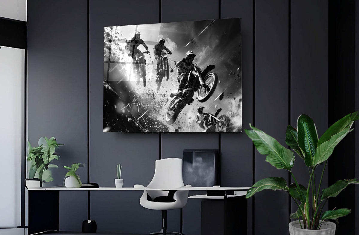 Black and White Motocross Jump Glass Wall Art in a modern interior