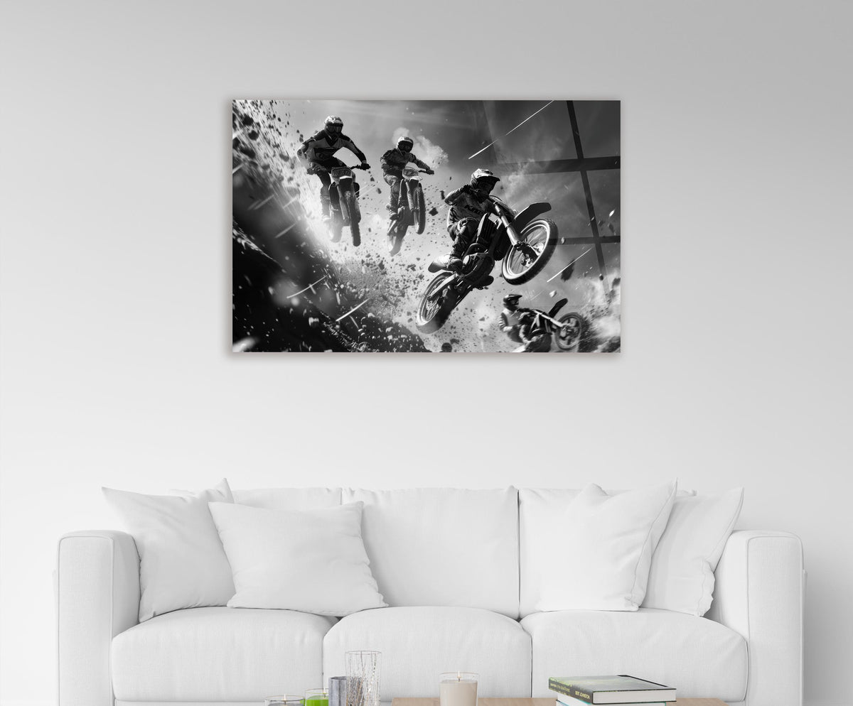 Black and White Motocross Jump Glass Wall Art on the wall
